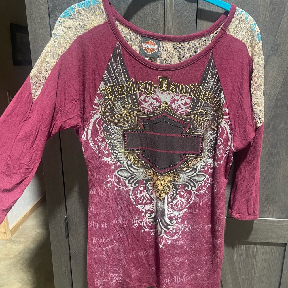 Harley-Davidson Maroon Lace Accent Top